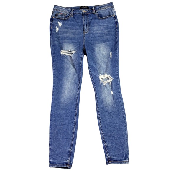 Judy Blue 15 32 Distressed Skinny Jeans Womens Blue Embroidered Pockets Boho - Picture 1 of 14